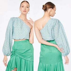 Cami NYC Lenore One Shoulder Crop Top Women's Turquoise Wallpaper Size: S NWT